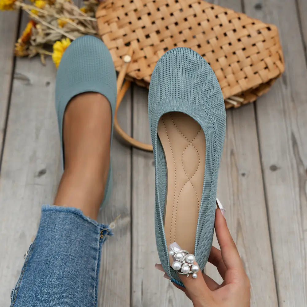 Women’s light blue knitted round toe slip on flats with pearl and silver embellishment for comfortable wear