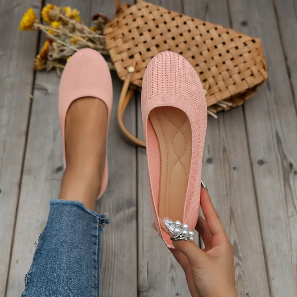 Women’s round toe comfortable pink knitted ballet flats with pearl and silver embellishment on the heel back side