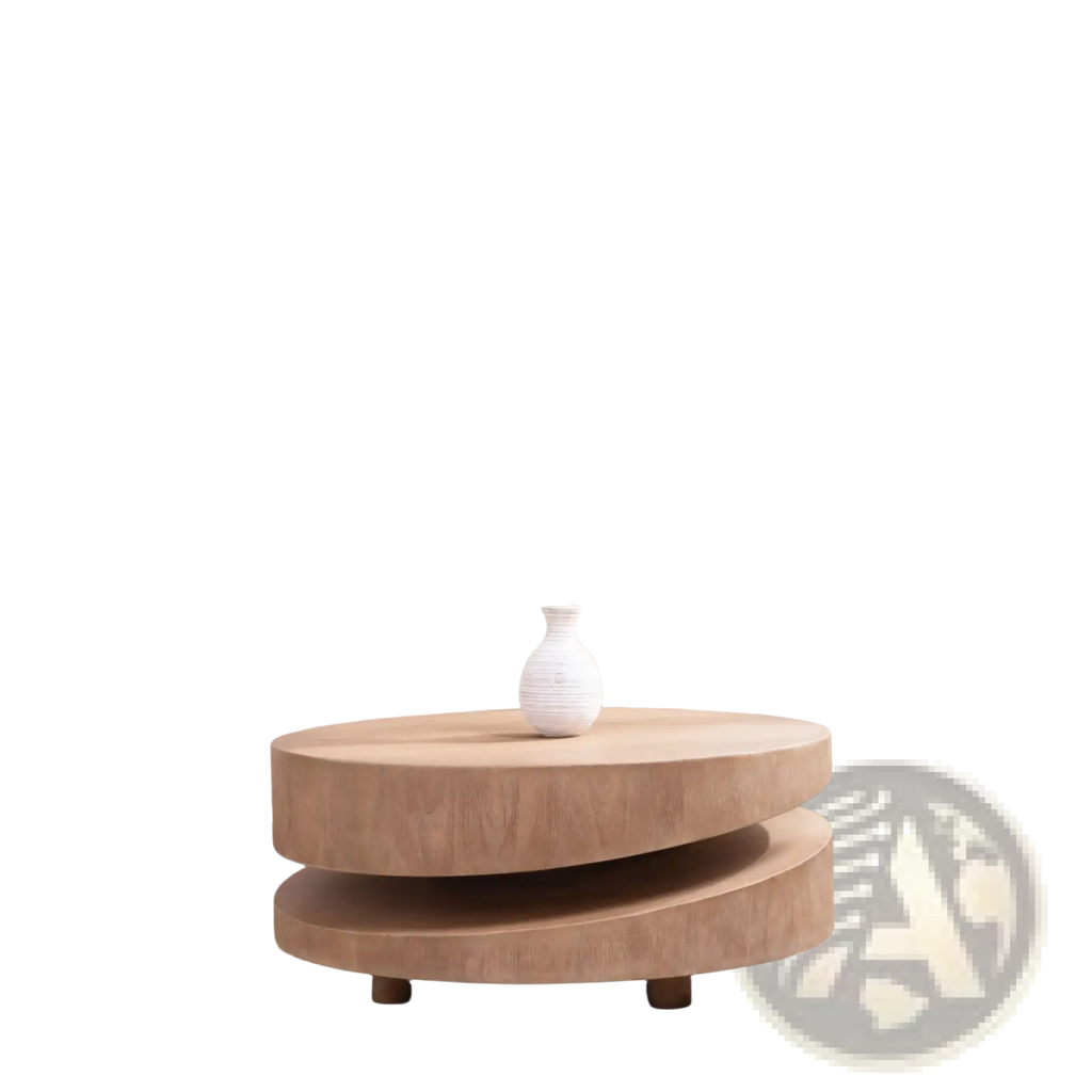 Round wood coffee table 31 inch natural light wood with modern layered circular two tier accent design