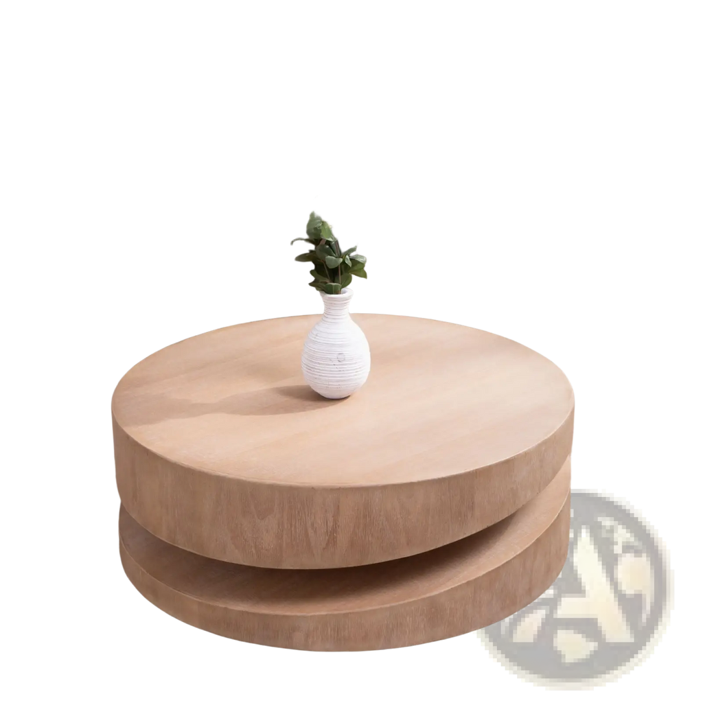 Light-colored wooden round coffee table with a lower shelf and white textured vase on top in natural finish