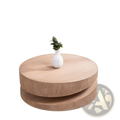 Light-colored wooden round coffee table with a lower shelf and white textured vase on top in natural finish