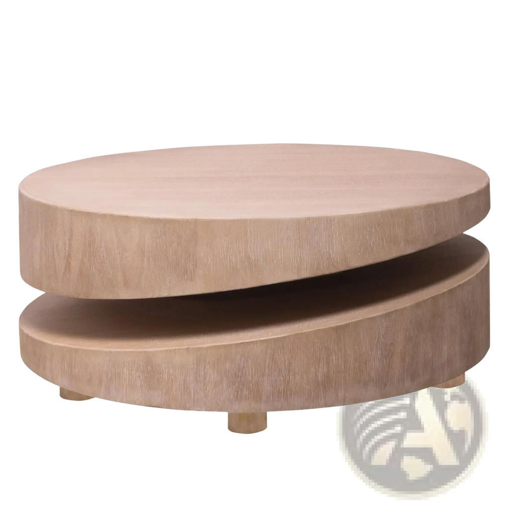 Round wood coffee table with two stacked offset tiers in natural wood finish ideal for accent seating areas