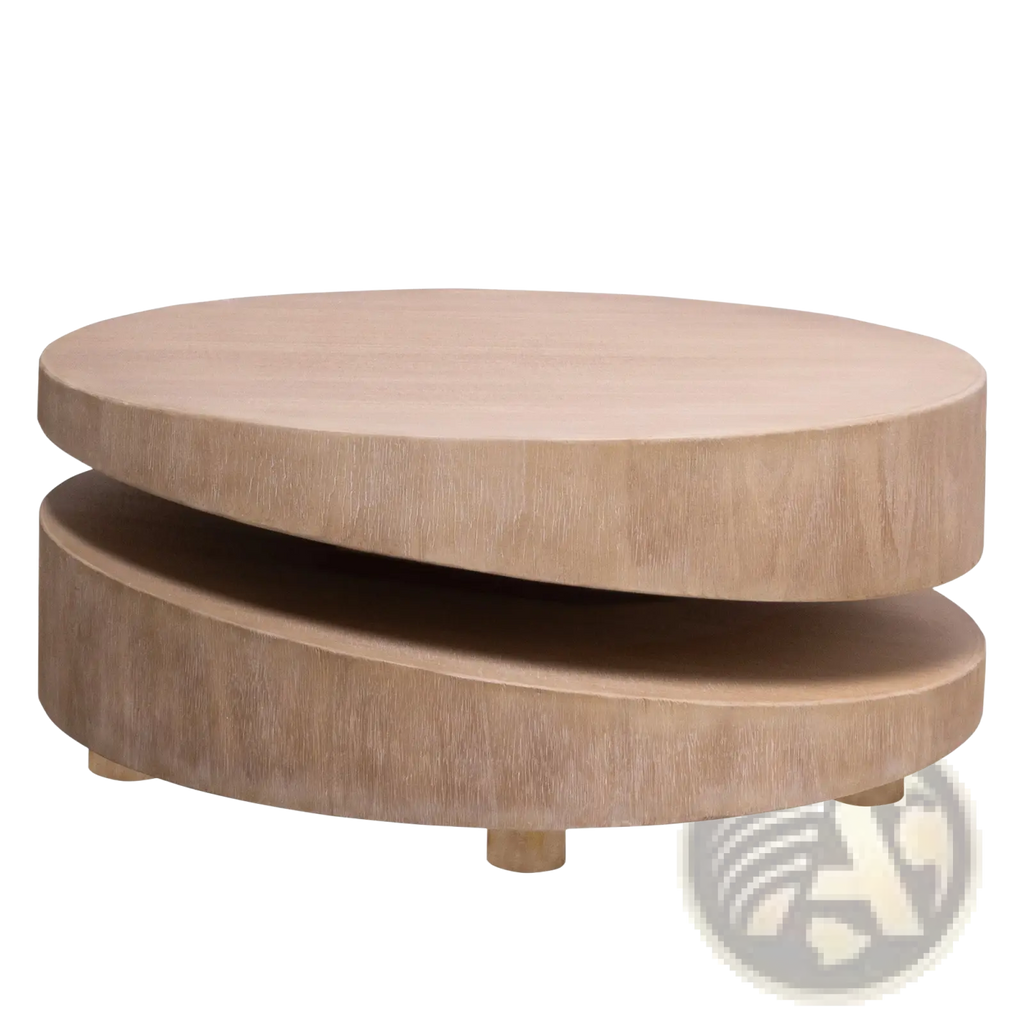 Round wood coffee table 31 inch natural two tier accent with light wood finish and visible grain circular design