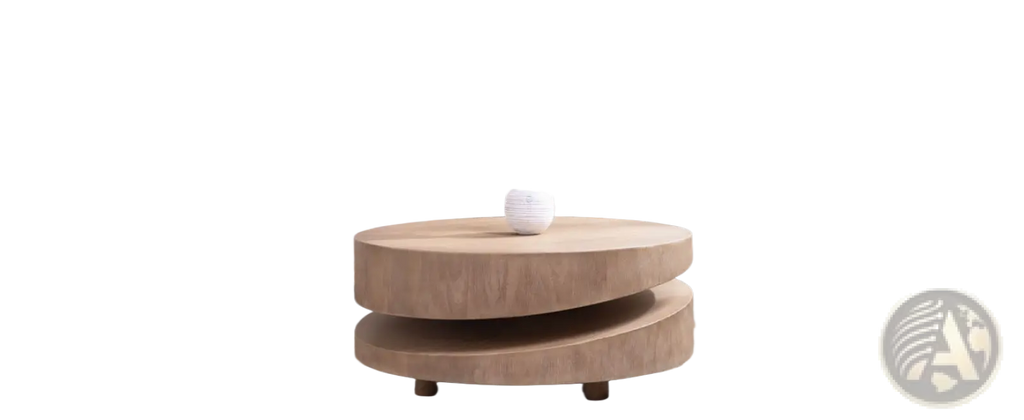 Modern round wood coffee table 31 inch natural light wood tone with layered circular design and metallic accents