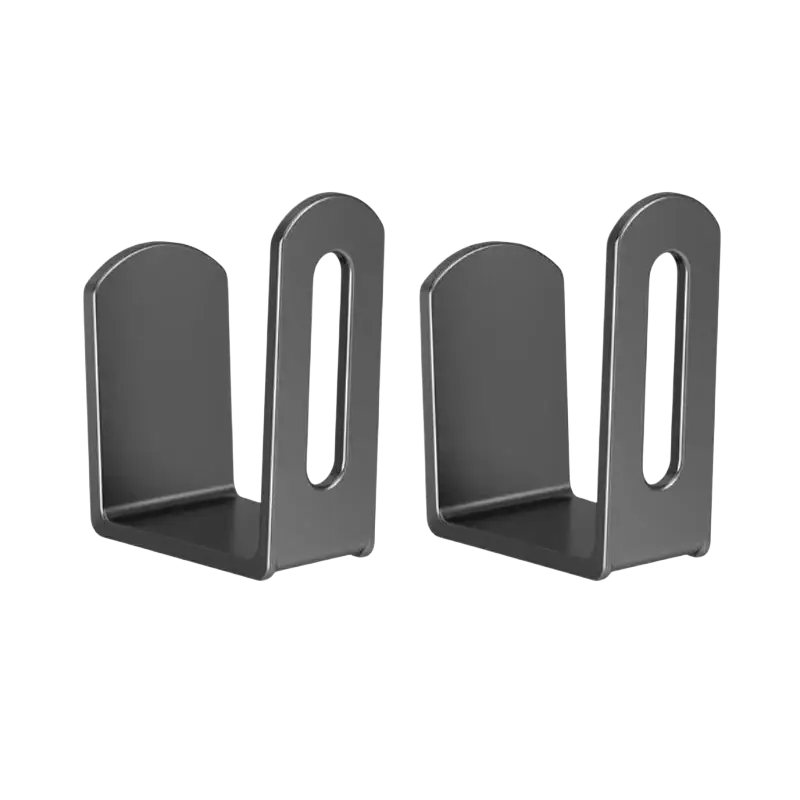Black metal bookends with rounded edges in a sleek minimalist design for heat dissipation and wall-mounted box storage