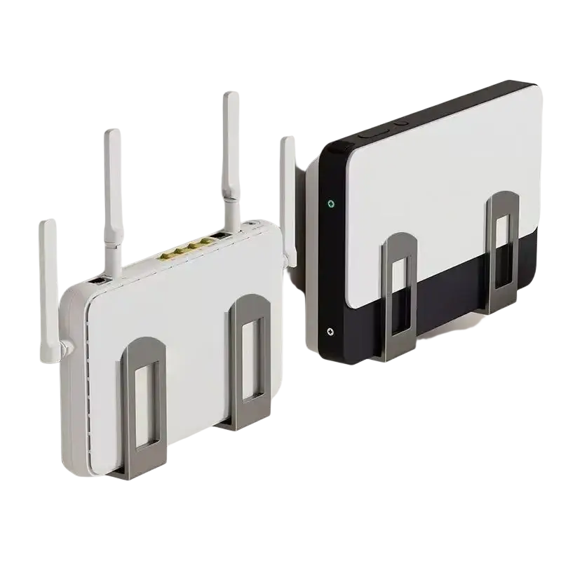 White and black router storage box wall-mounted design with sleek metallic brackets for heat dissipation and organization
