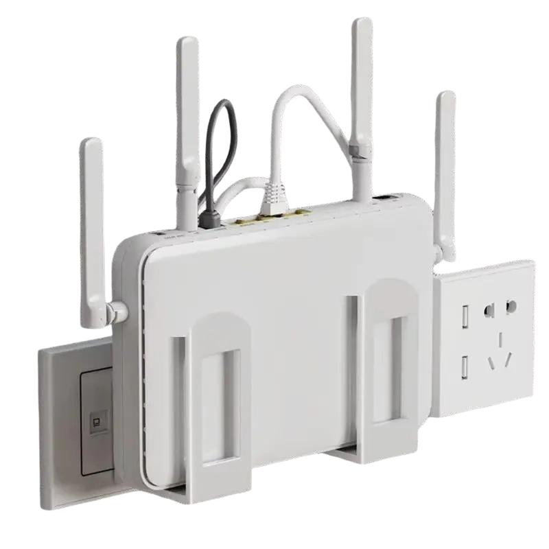 White plastic router storage box wall-mounted design with four adjustable antennas and heat dissipation slots