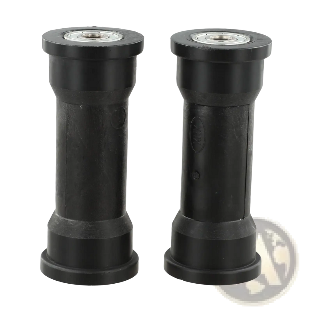 Black plastic cylindrical rowing machine bearing pulleys with silver metal bearings for high load capacity use