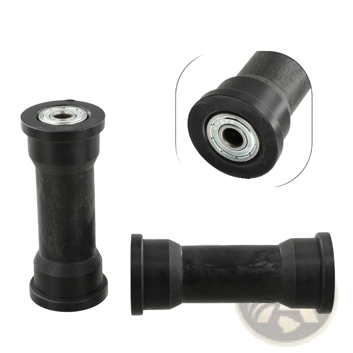 Black rubber rowing machine bearing pulley with silver metal bearing end designed for high load capacity use