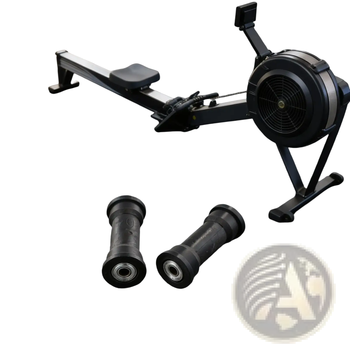 Black concept2 rowing machine featuring a high load capacity bearing pulley with sleek metallic accents and modern design