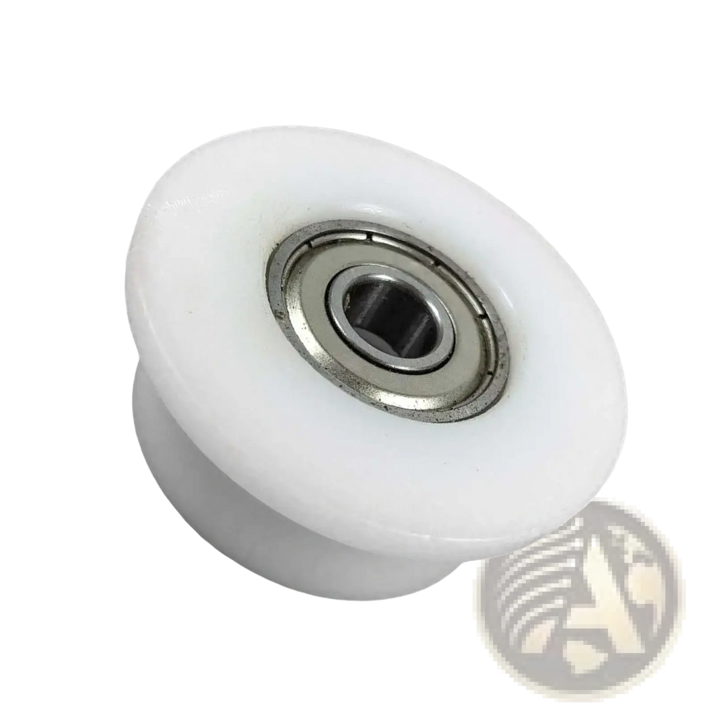 White plastic rowing machine bearing pulley wheel replacement with metallic center bearing for smooth operation