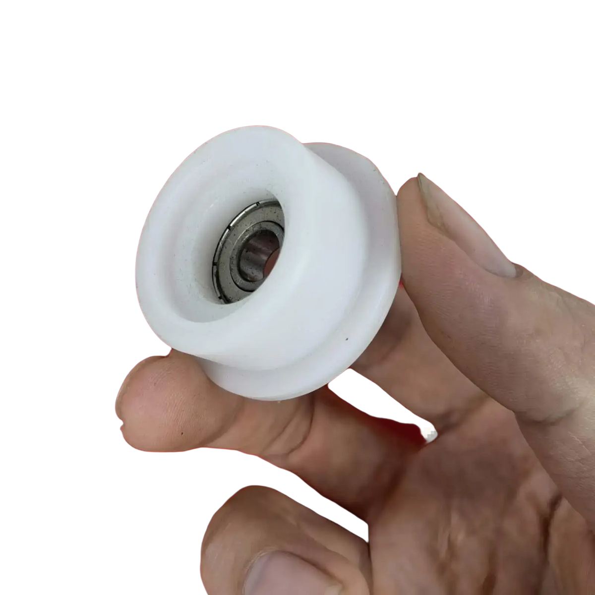 White plastic rowing machine bearing pulley wheel replacement with central metallic bearing for smooth operation