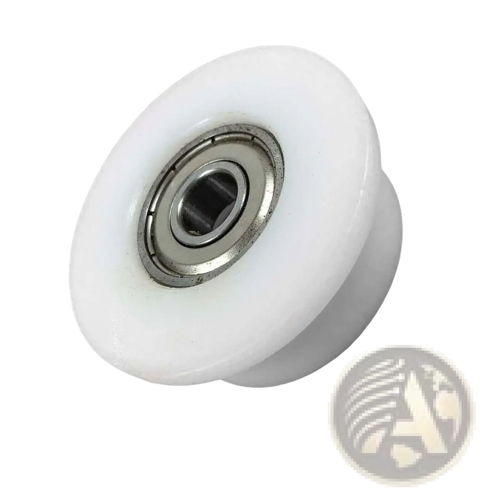 White plastic rowing machine bearing pulley wheel replacement with silver metal bearing at its center