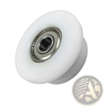 White plastic rowing machine bearing pulley wheel replacement with silver metal bearing at its center