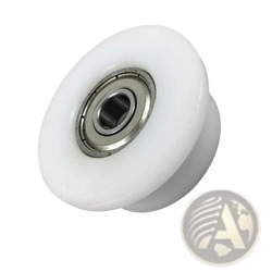 White plastic rowing machine bearing pulley wheel replacement with silver metal bearing at its center