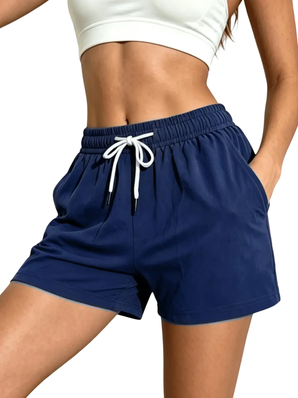 Royal blue athletic shorts with white drawstring waistband and side pockets designed for active use