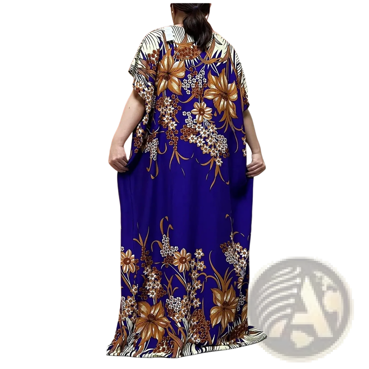 Royal blue floral abaya maxi dress with intricate gold and cream patterns short sleeves and relaxed fit