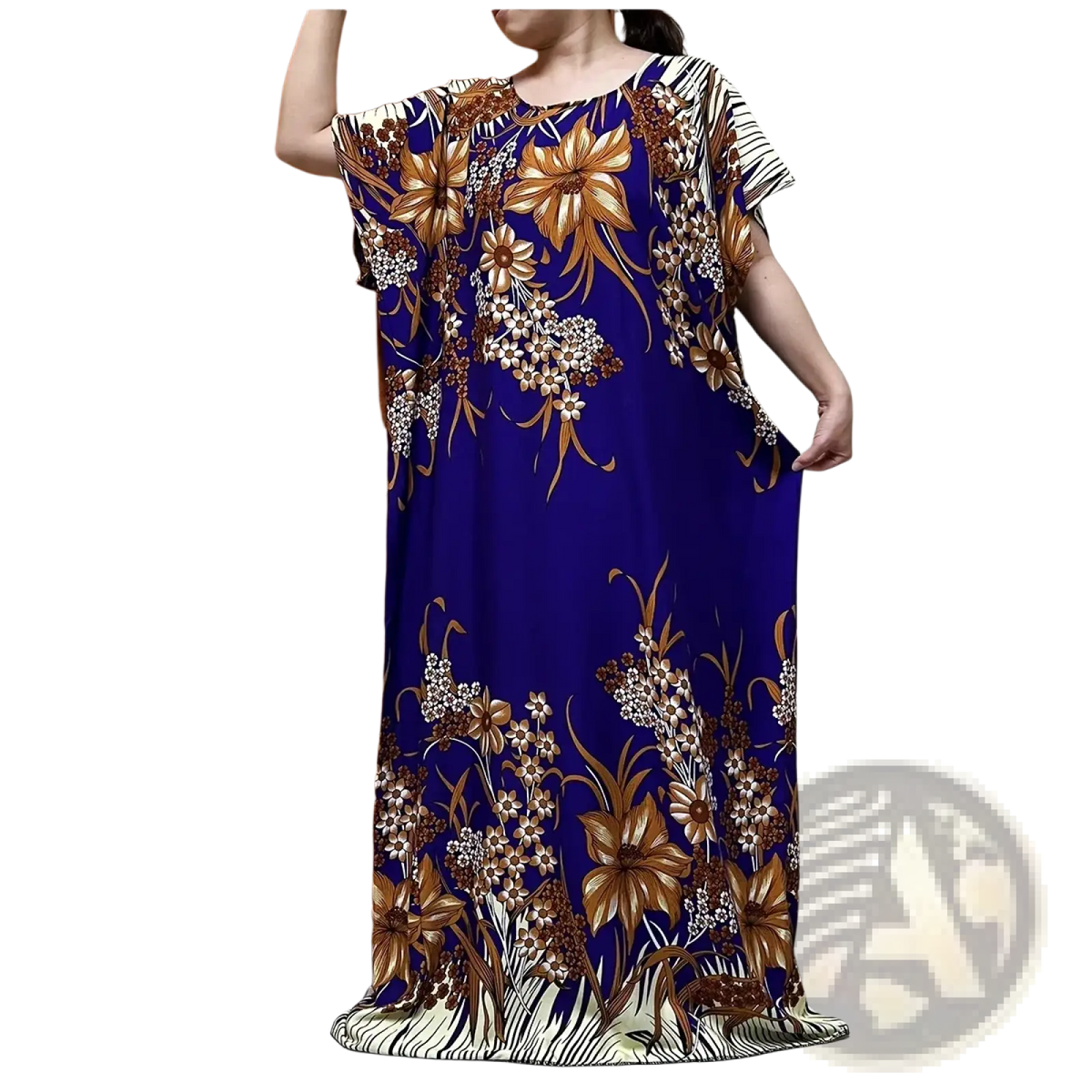 Royal blue floral abaya maxi dress with intricate gold and white patterns and short sleeves trimmed in zebra print