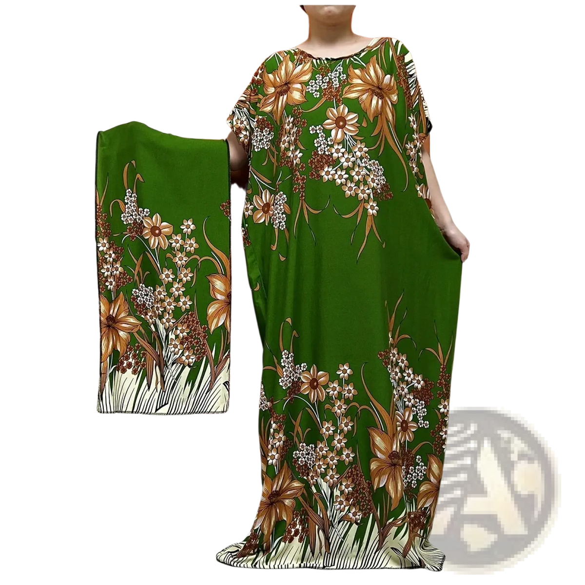 Royal blue floral abaya maxi dress in flowing green fabric with bold orange and white blossoms and matching wrap skirt