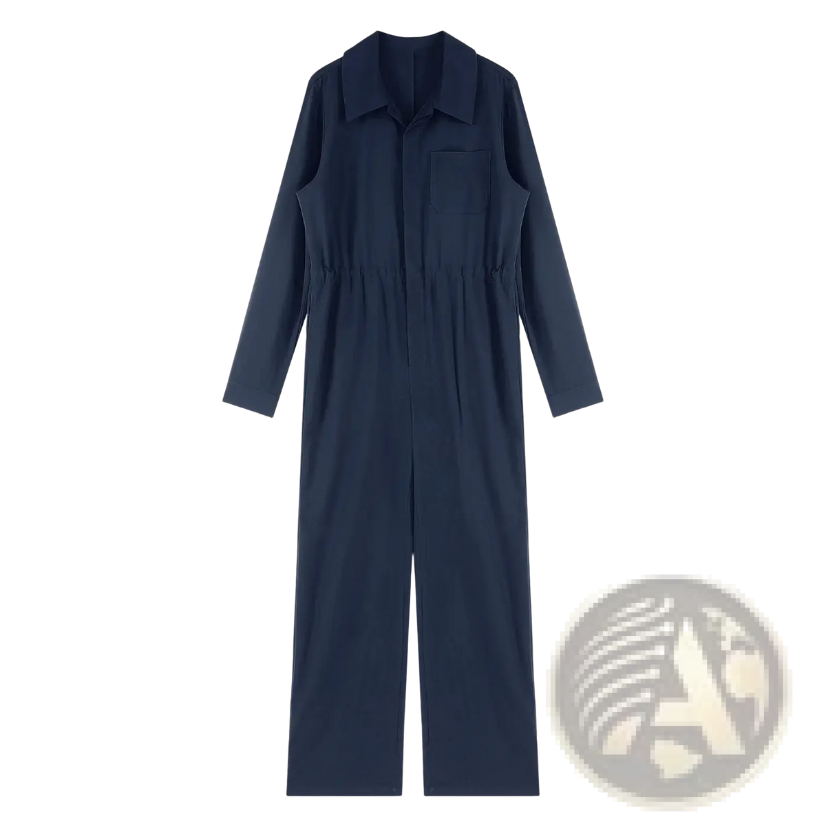 Royal blue long sleeve casual jumpsuit featuring a collar and front pocket in navy blue fabric for everyday wear