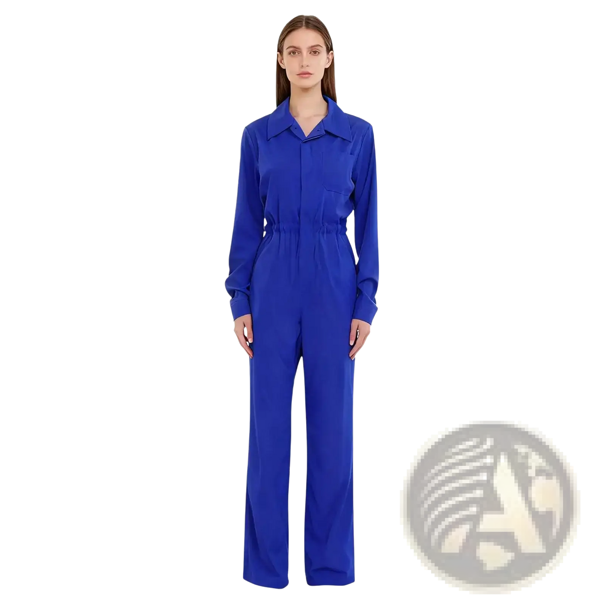 A vibrant royal blue long sleeve casual jumpsuit with collared neckline and elastic waistband for comfortable wear