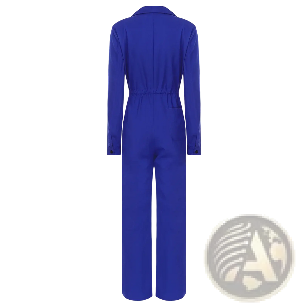 Vibrant royal blue long sleeve casual jumpsuit with collared neckline and cinched waist in lightweight fabric