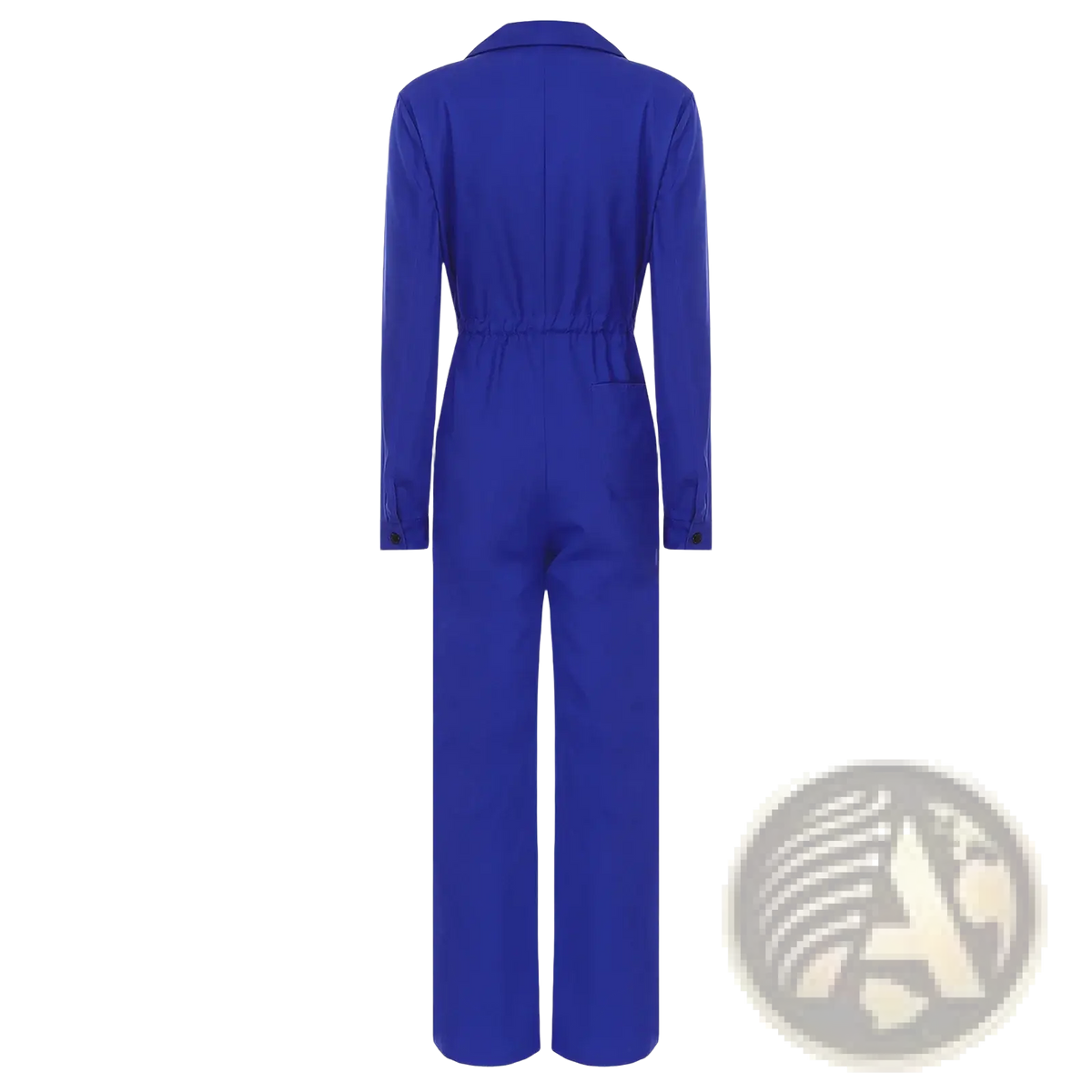 Vibrant royal blue long sleeve casual jumpsuit with collared neckline and cinched waist in lightweight fabric