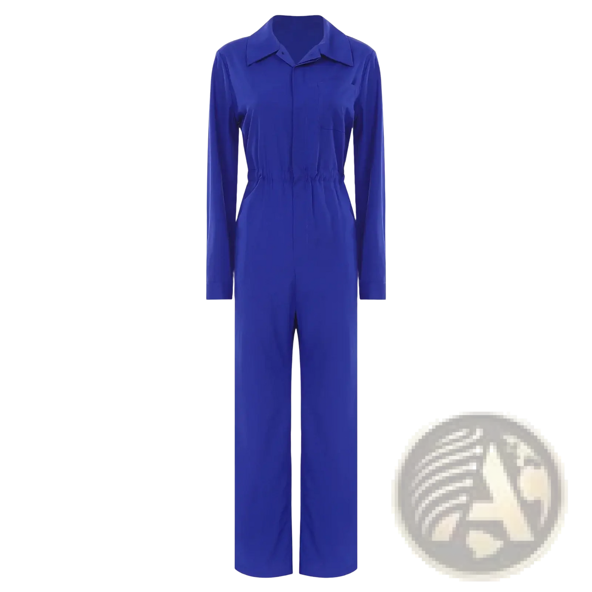 A vibrant royal blue long sleeve casual jumpsuit with collar and drawstring waist for comfortable wear