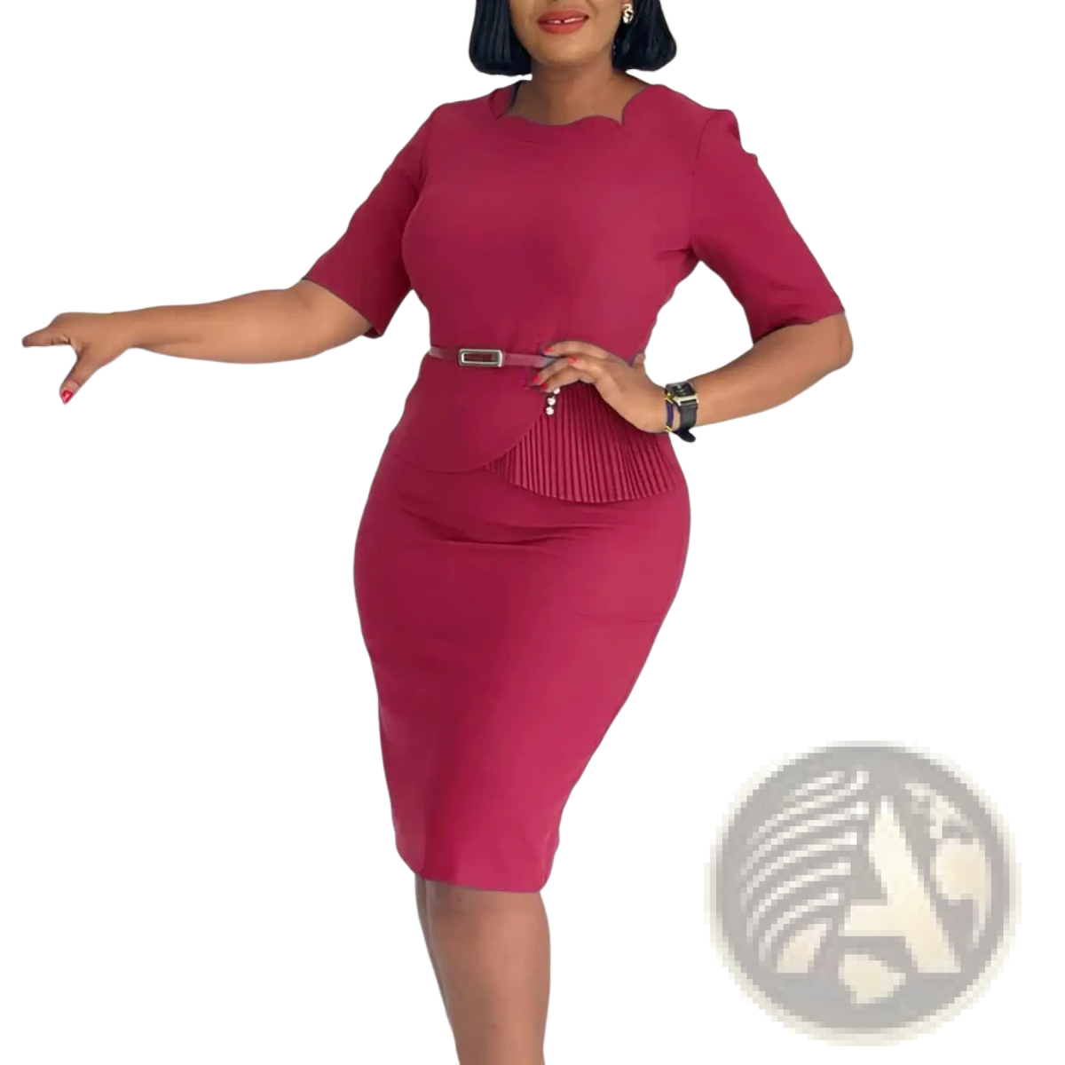 Royal blue peplum office pencil dress in fitted magenta midi style with three-quarter sleeves and pleated side detail