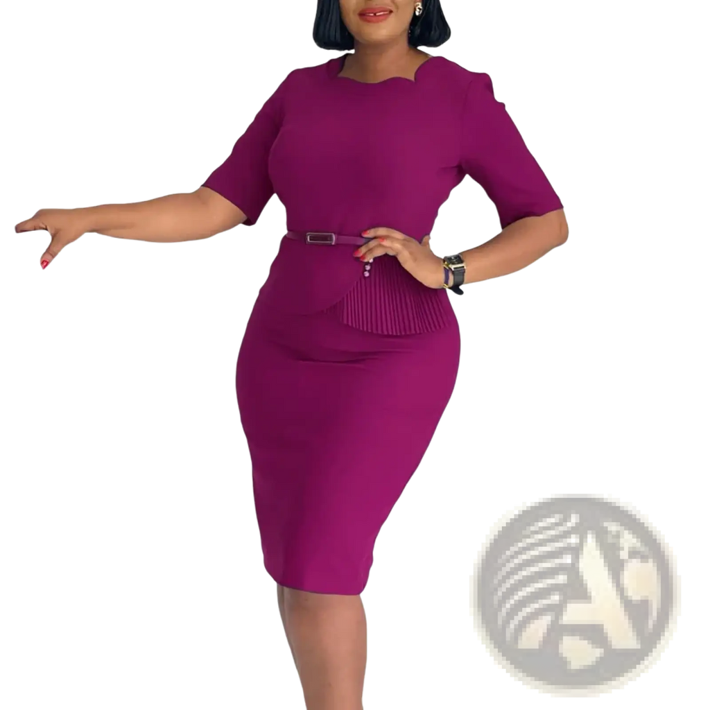 Royal blue peplum office pencil dress in vibrant magenta with three quarter sleeves and pleated side detail