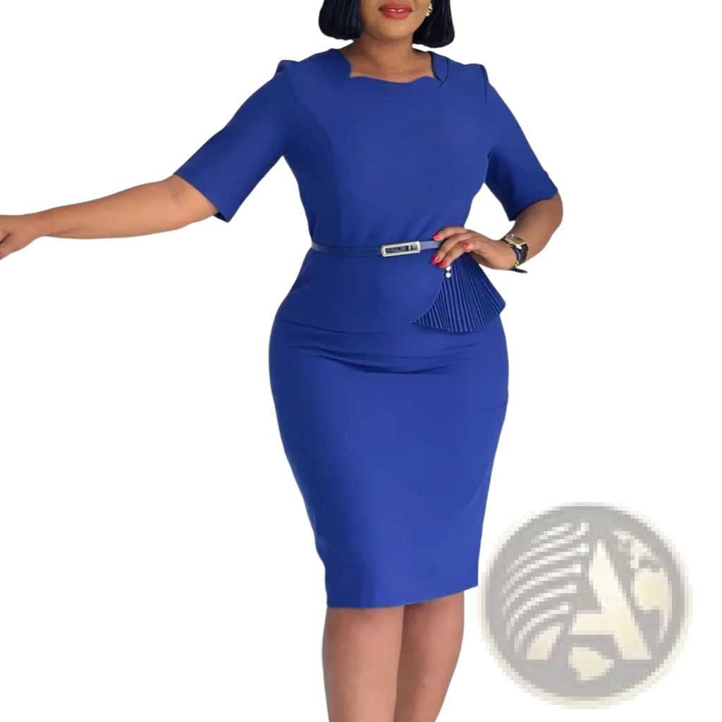 A vibrant royal blue form-fitting office pencil dress with three-quarter sleeves and a peplum waist with silver belt