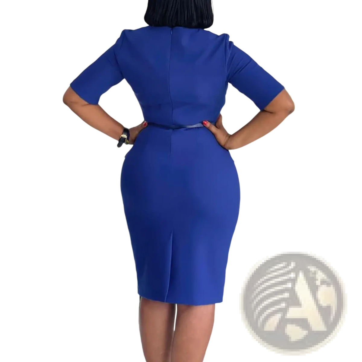 A royal blue form-fitting pencil dress with three-quarter sleeves and a sleek back seam shown from the back