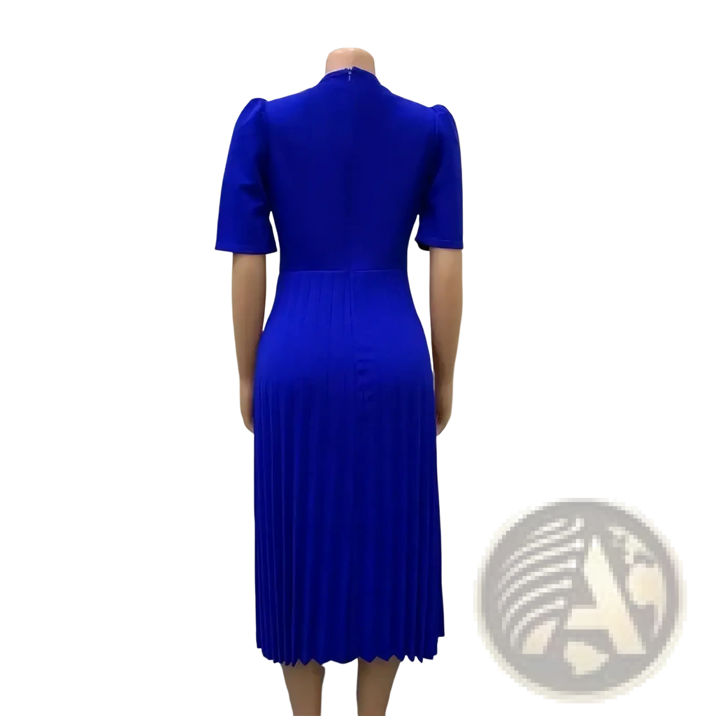 A vibrant royal blue pleated midi office dress with a fitted bodice and short puffed sleeves