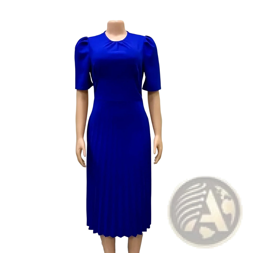 A vibrant royal blue pleated midi office dress with puffed short sleeves and a fitted bodice