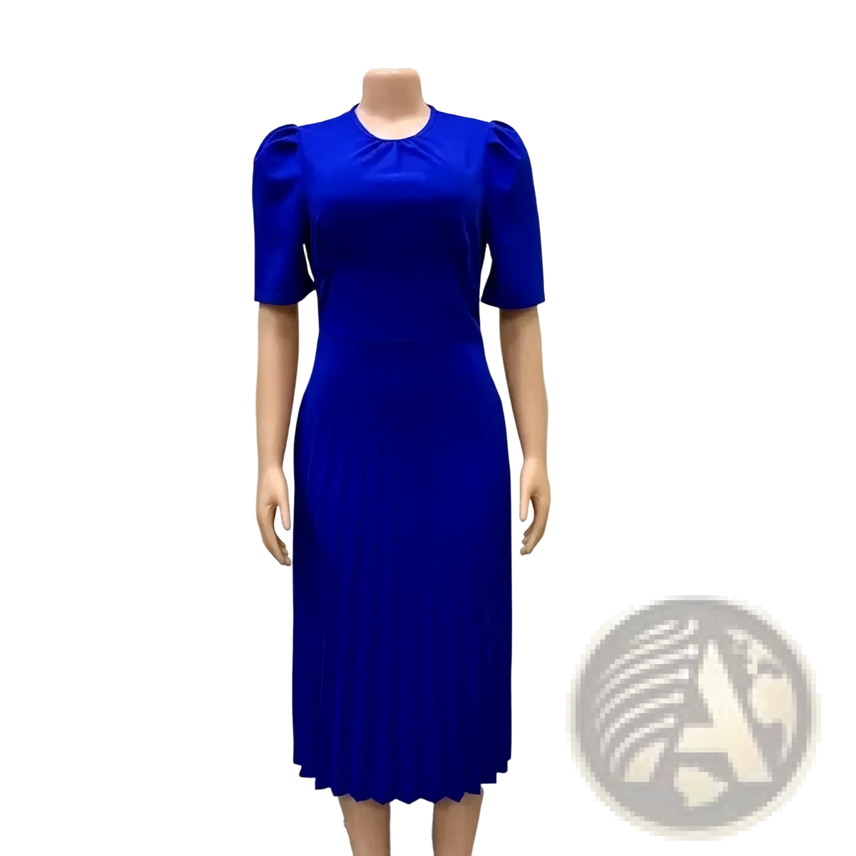 A vibrant royal blue pleated midi office dress with puffed short sleeves and a fitted bodice