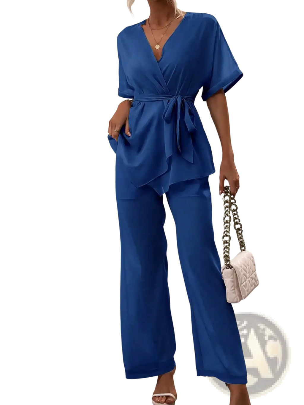 A vibrant royal blue satin wrap jumpsuit with v-neckline short flutter sleeves and self-tie waistband
