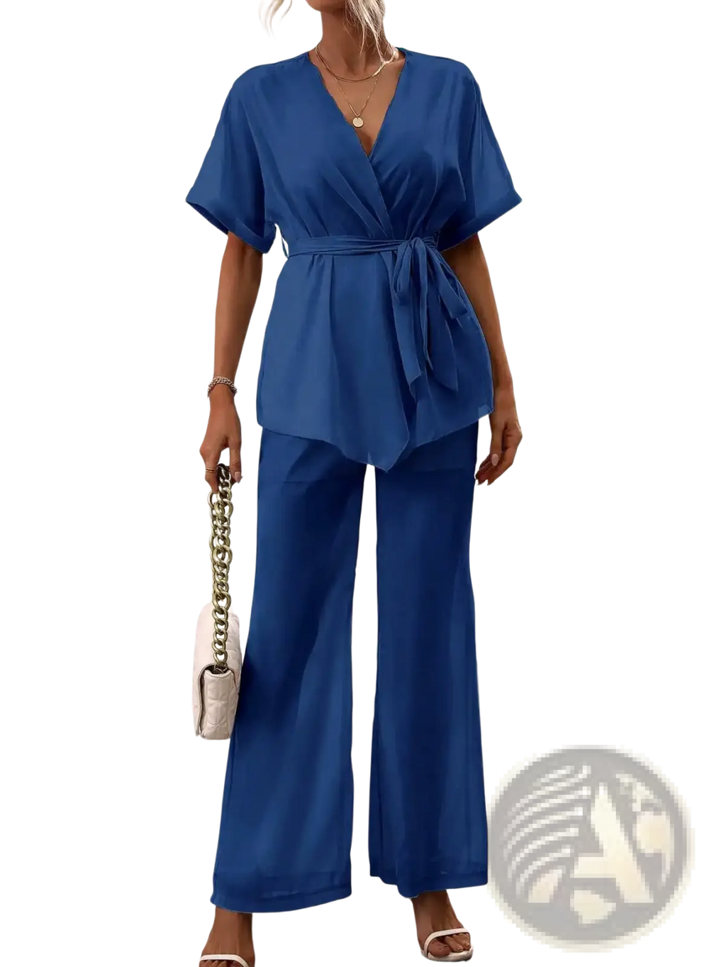 Royal blue satin two piece outfit featuring a wrap-top and wide-leg pants set for elegant occasions