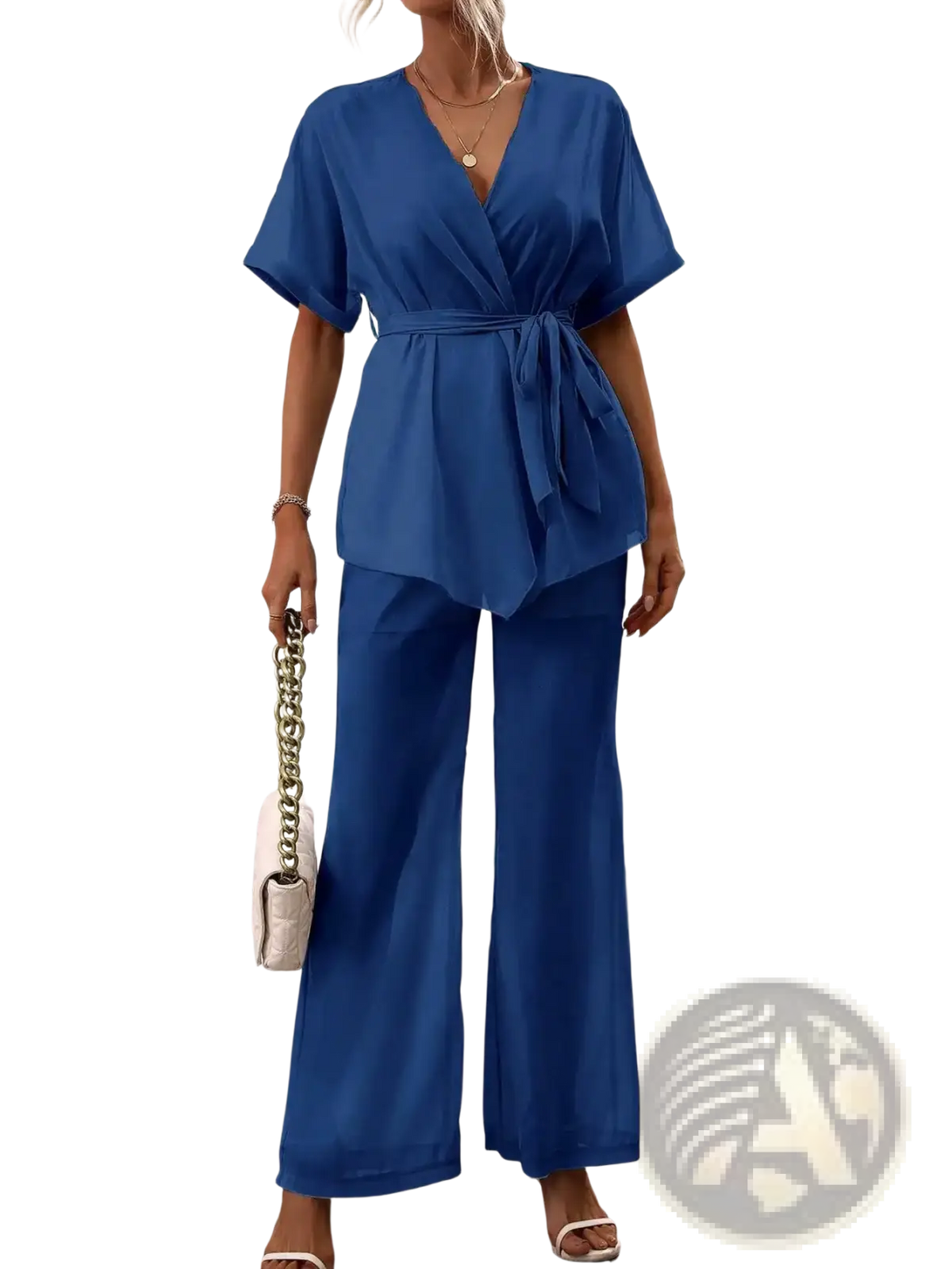 Royal blue satin two piece outfit featuring a wrap-top and wide-leg pants set for elegant occasions
