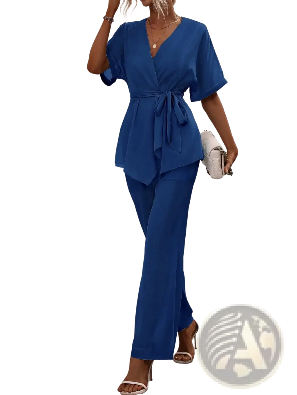 Royal blue satin two piece outfit featuring a wrap top with tied waist and short flutter sleeves with matching trousers