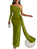A sleek olive green one-shoulder floor-length gown with draped side panel and long sleeves for evening wear