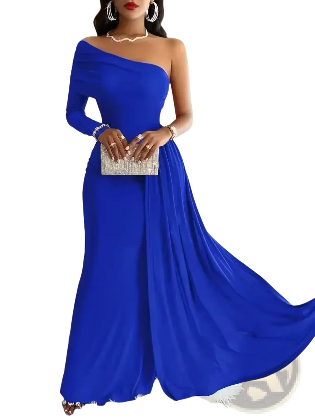 A shimmering silver glittery clutch with a textured surface complements the royal blue one shoulder evening dress