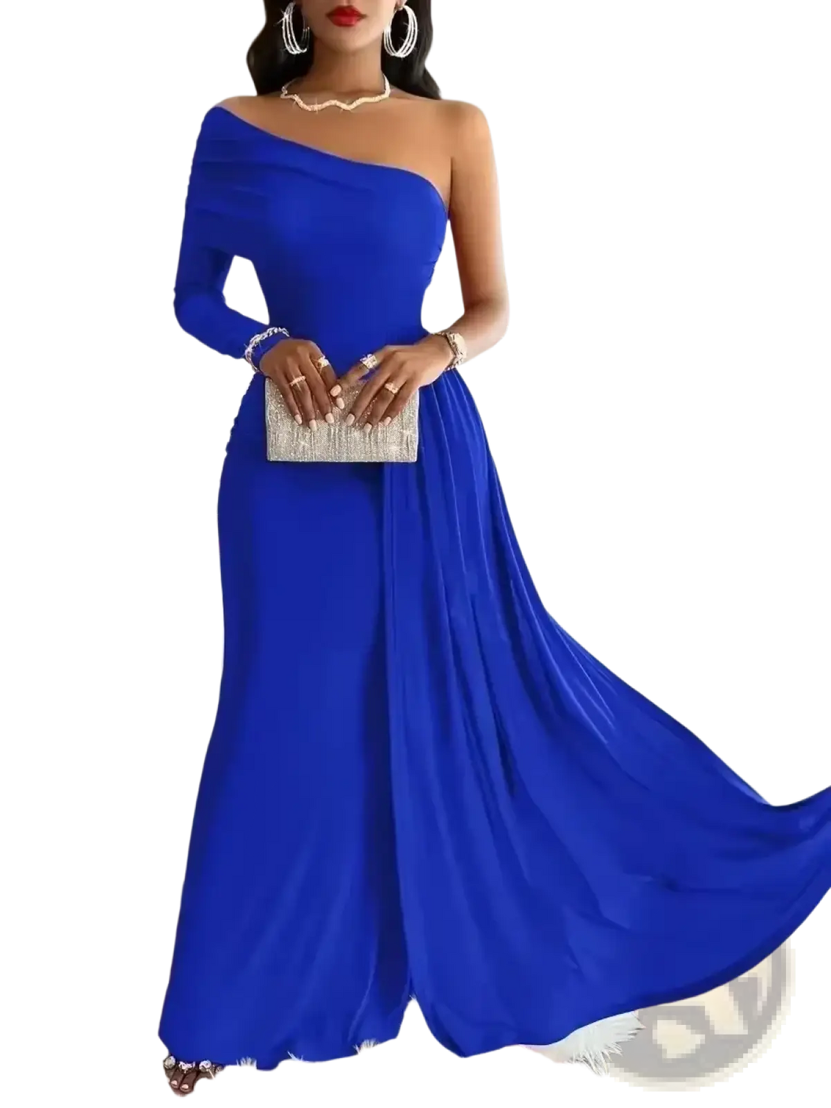 A shimmering silver glittery clutch with a textured surface complements the royal blue one shoulder evening dress