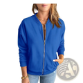 Royal blue velvet zip-up bomber jacket with sleek modern design and ribbed cuffs for stylish outerwear