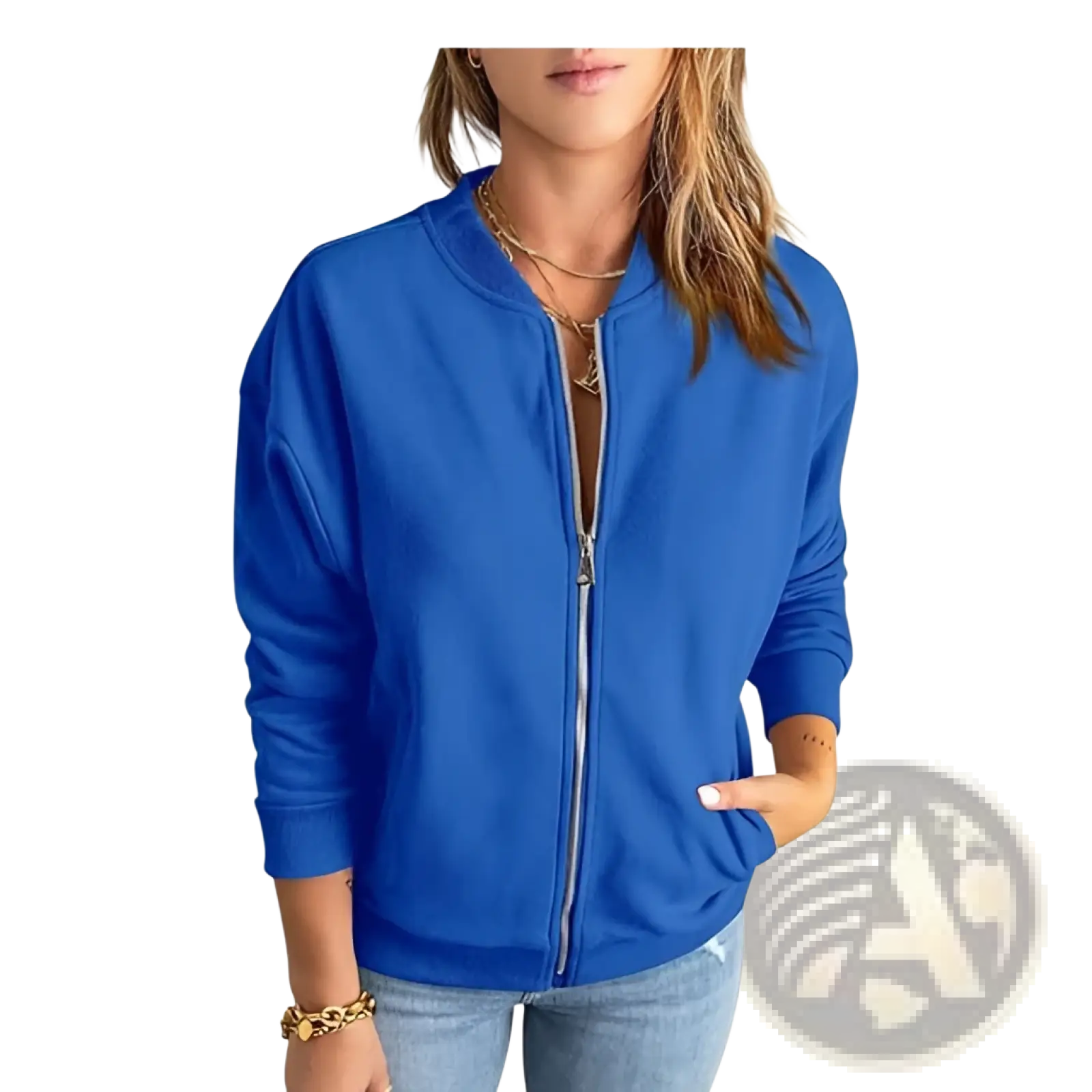 Royal blue velvet zip-up bomber jacket with sleek modern design and ribbed cuffs for stylish outerwear