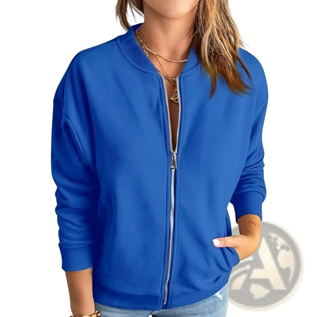 Royal blue velvet zip up bomber jacket featuring a vibrant color, metallic zipper, and ribbed cuffs