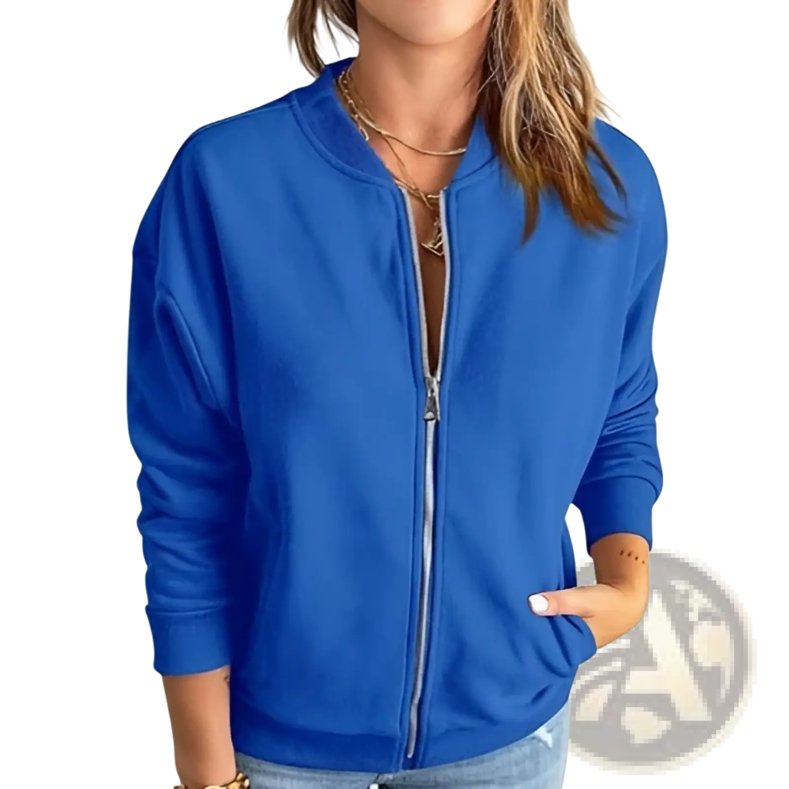 Royal blue velvet zip up bomber jacket featuring a vibrant color, metallic zipper, and ribbed cuffs