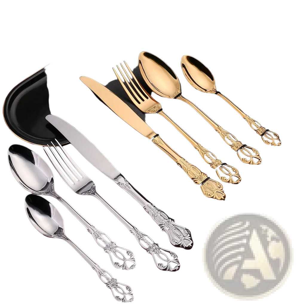 Elegant two-toned royal court stainless steel cutlery set with ornate filigree handles in polished gold and silver finishes
