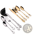 Elegant two-toned royal court stainless steel cutlery set with ornate filigree handles in polished gold and silver finishes