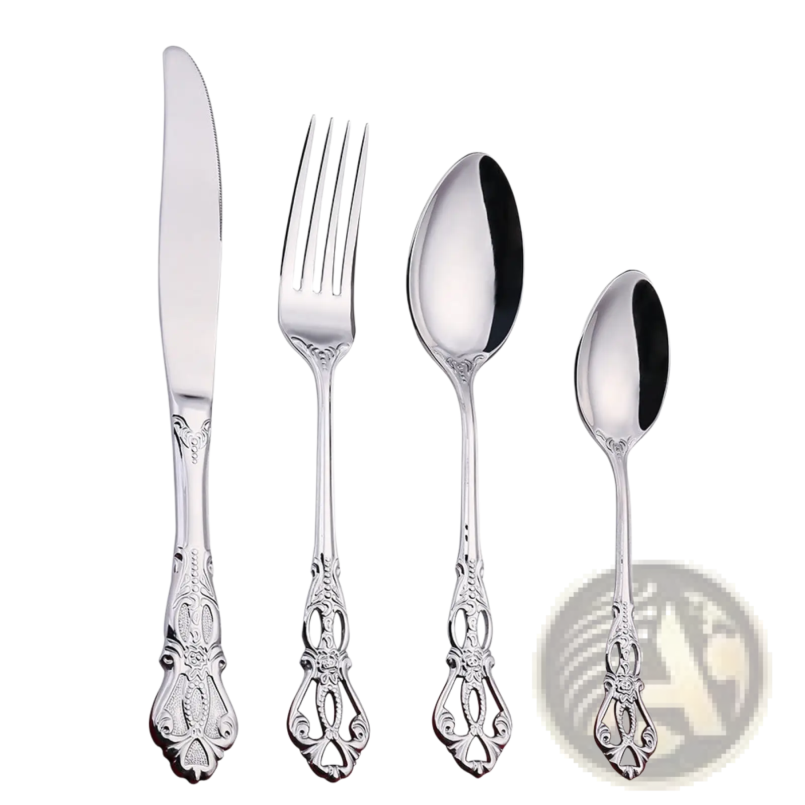 Elegant royal court stainless steel cutlery set with silver-toned ornate vintage-inspired floral and scrollwork handles