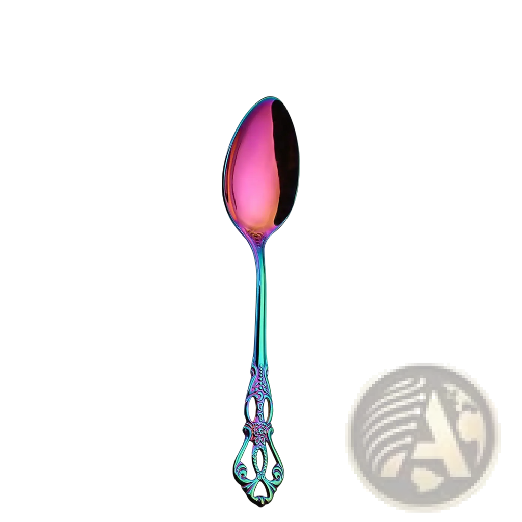 Royal court stainless steel cutlery set iridescent spoon with long ornate handle and reflective multicolor bowl
